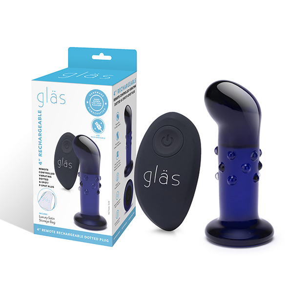 Пробка анальна зі скла з вібрацією GLAS, з пультом керування, синя