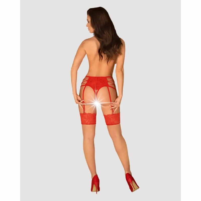 Сексуальні трусики Obsessive Rediosa, L/XL, мереживні, з інтимним вирізом, з пажами для панчіх, червоні - Изображение 6