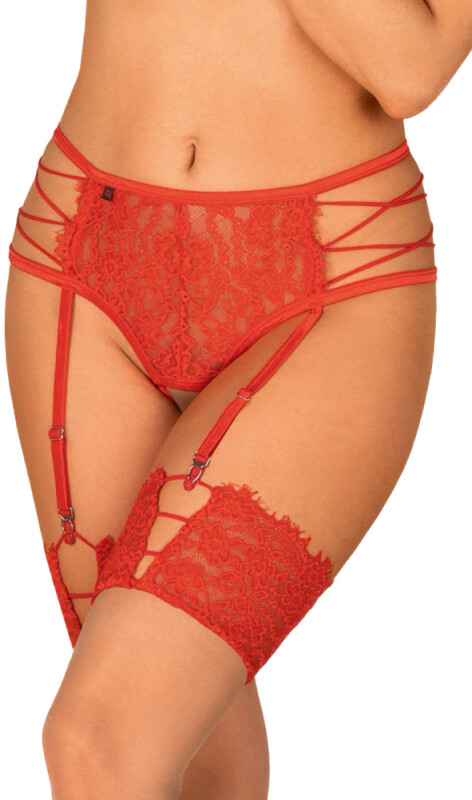 Сексуальні трусики Obsessive Rediosa, L/XL, мереживні, з інтимним вирізом, з пажами для панчіх, червоні - Изображение 3