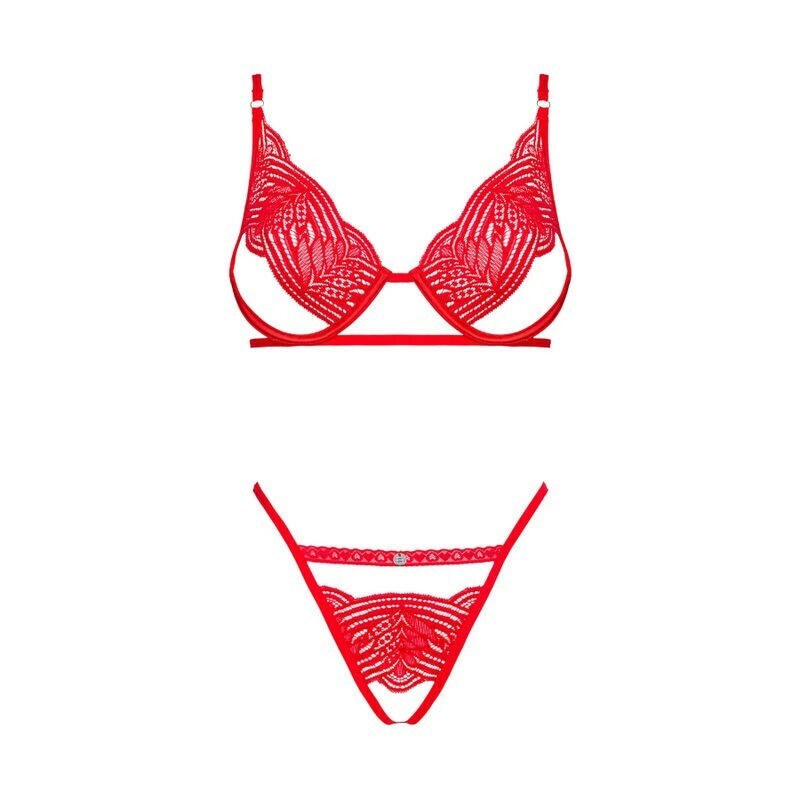 Комплект мереживний Obsessive Mellania S/M, з відкритою інтимною зоною, червоний - Зображення 2