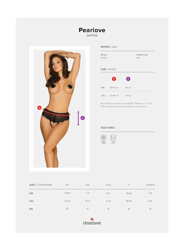 Сексуальні трусики Obsessive Pearlove XS/S, із перлами, з відкритою інтимною зоною, чорні - Изображение 8