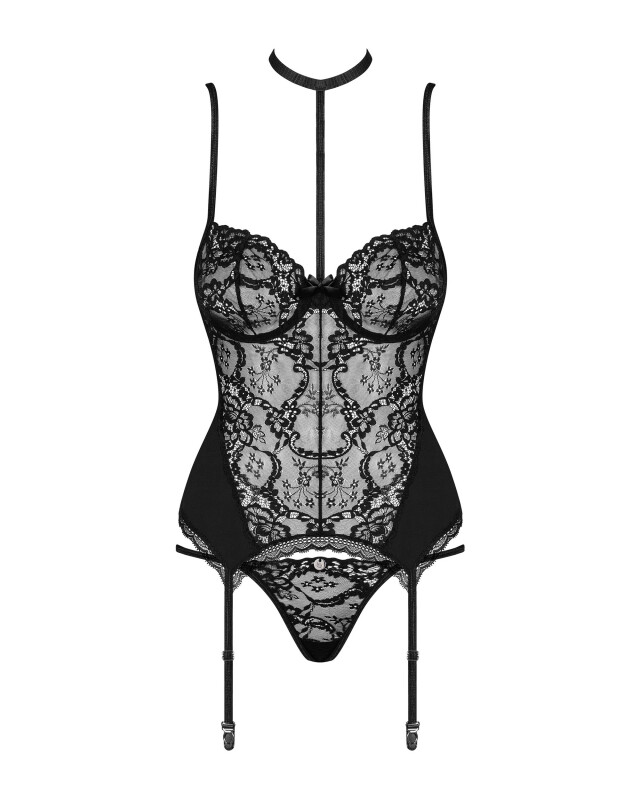 Сексуальний корсет мереживний Obsessive Raquelia, L/XL, зі стрінгами, чорний - Изображение 6