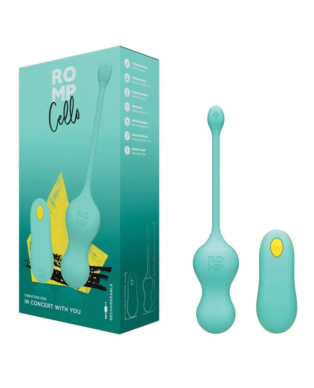 Віброяйце ROMP Cello з пультом із силікону, бірюзовий, 18.2 см х 3.9 см