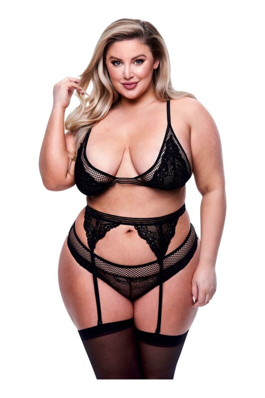 Комплект білизни Queen Size Baci з поясом для панчіх, з мереживом, чорний