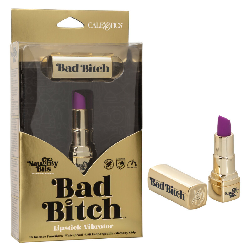 Вібратор у вигляді помади Bad Bitch Lipstick Vibrator, золотий корпус з фіолетовою помадою, 7.5 х 1.25 см
