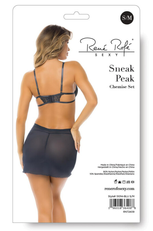 Сексуальна сорочка Rene Rofe Sneak Peak Chemise, S/M, напівпрозорий, мереживний, синя - Зображення 3
