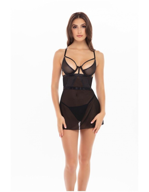 Прозорий пеньюар із трусиками Bondage Strapping CHEMISE SET чорний, S/M