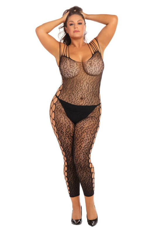 Сексуальний комбінезон Rene Rofe Animal Crotchless, XL/2XL, сітку, з інтимним доступом, леопардовий, чорний