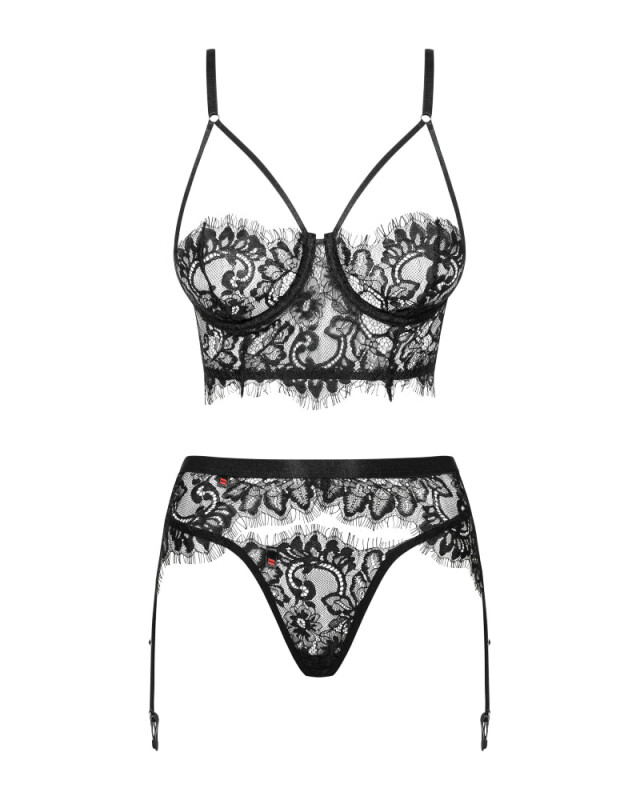 Сексуальний комплект Obsessive Lashy, L/XL, із трьох частин, мереживний, чорний - Зображення 4
