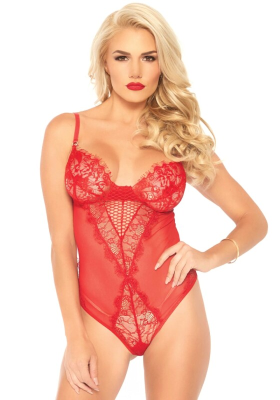 Сексуальне боді Leg Avenue Lace And Mesh, S, з мережива і сіточки, червоного кольору - Зображення 1