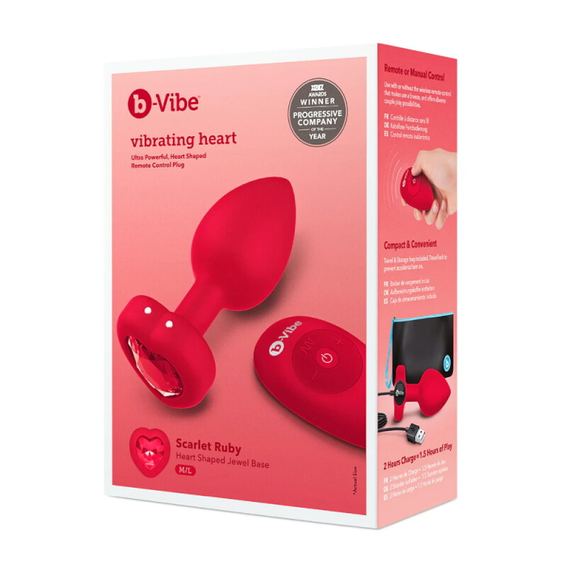 Анальна пробка, M/L, з дистанційним пультом B-Vibe із кристалом у вигляді серця, червона, 9.8 х 3.7 см - Зображення 1