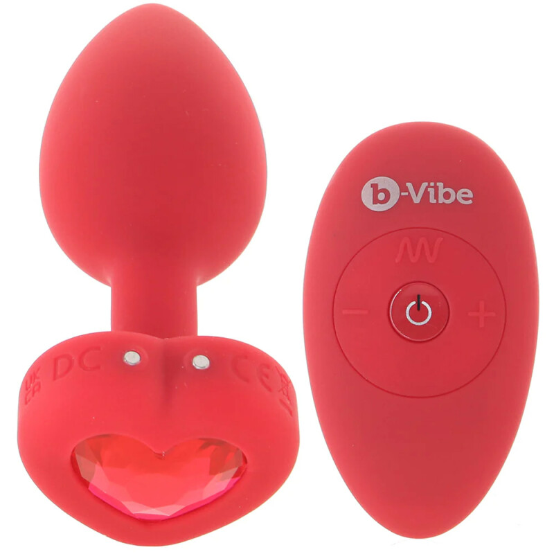 Анальна пробка, M/L, з дистанційним пультом B-Vibe із кристалом у вигляді серця, червона, 9.8 х 3.7 см - Зображення 7