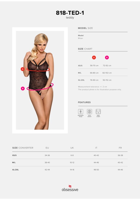 Боді сексуальне з інтимним вирізом M/L 818-TED-1 Obsessive, чорне - Изображение 4