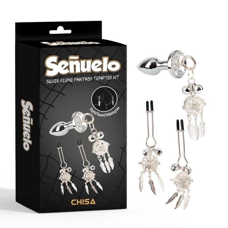 Набір анальна пробка і затискачі для сосків Chisa Senuelo Kit з кулонами і дзвіночками, сріблястий