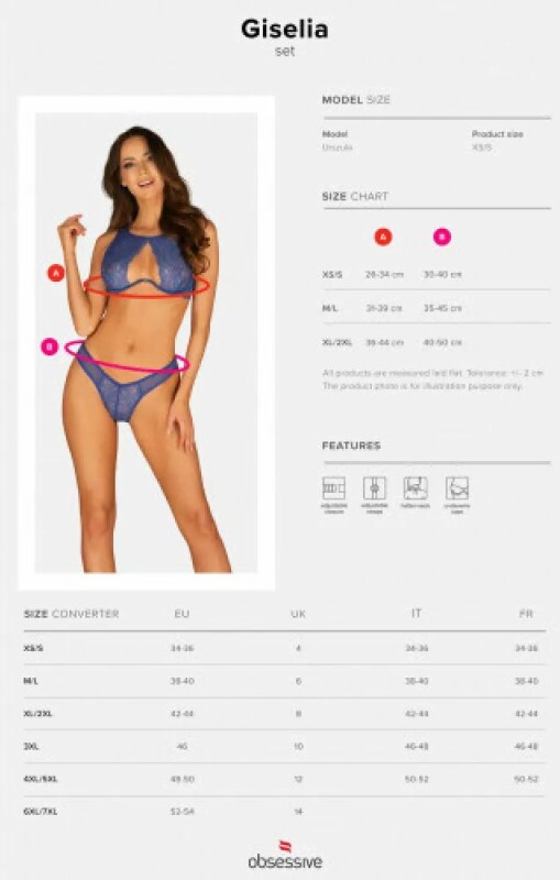 Комплект сексуальної білизни XS/S Giselia Obsessive, з мереживом, синій - Зображення 4