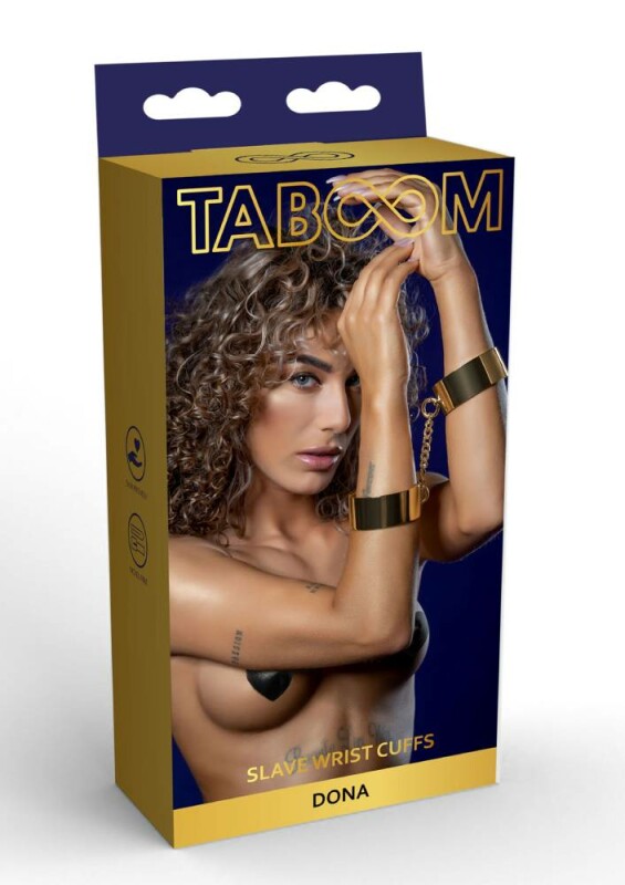 Наручники широкі металеві Taboom із ланцюгом, золоті, 6.2 см