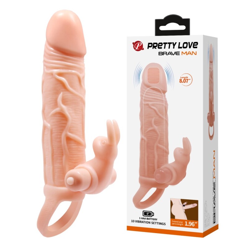 Вібронасадка на пеніс Pretty Love Brave Man з вушками кролика, бежева, 20.5 х 4 см
