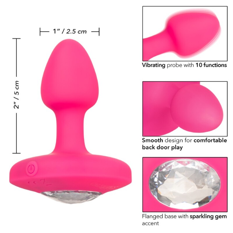Анальна пробка з вібрацією CalExotics Cheeky Gems, з кристалом, рожева, 5 х 2.5 см - Зображення 5