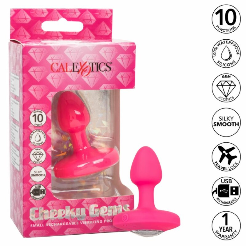 Анальна пробка з вібрацією CalExotics Cheeky Gems, з кристалом, рожева, 5 х 2.5 см - Зображення 6