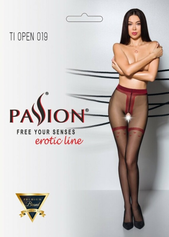Колготи сексуальні з інтимним вирізом XS/S Tiopen 019 Passion, чорні з червоним - Изображение 2
