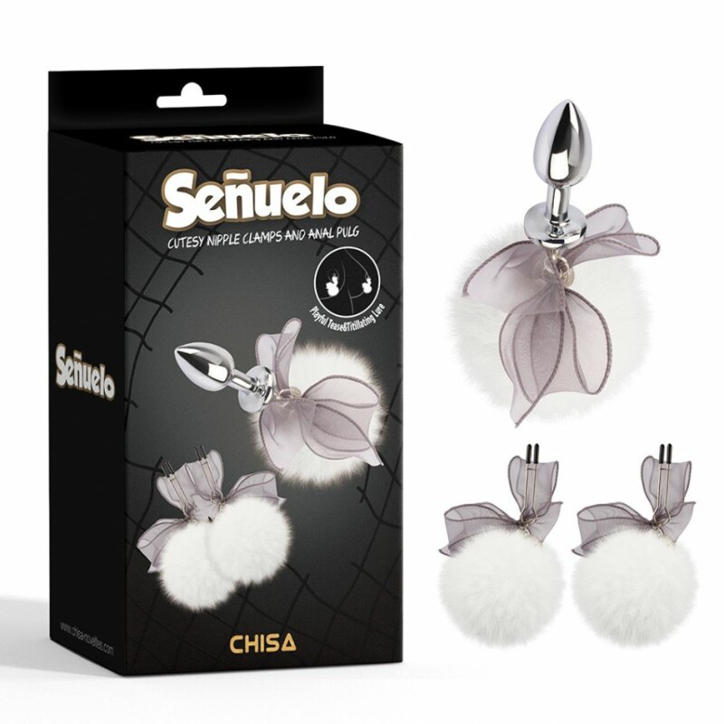 Набір анальна пробка і затискачі для сосків Chisa Senuelo Kit з кульками з хутра і бантами, сріблястий
