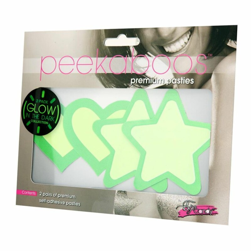 Наклейки на соски, що світяться в темряві, Peekaboo Pasties Glow In The Dark Hearts And Stars, зелені, 2 пари