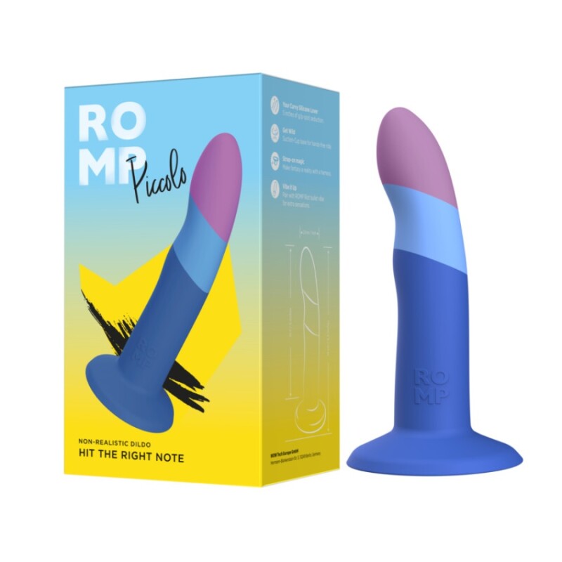 Нереалістичний фалоімітатор ROMP Piccolo Dildo насадка на страпон на присосці, для точки G і P, синій, 14 см х 2.9 см