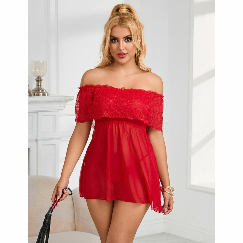 Бебідолл з відкритими плечима Star Night Off-Shoulder Lace Sexy Babydoll зі стрінгами, червоний, XS-S