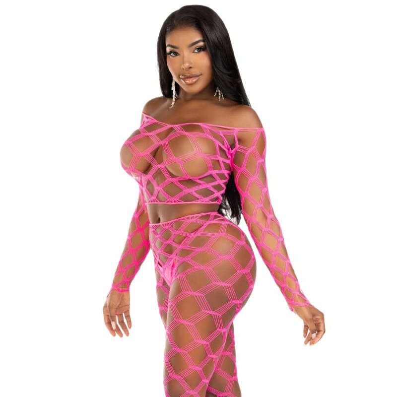 Комплект топ та легінси Leg Avenue Never Say Never в крупну сіточку, рожевий, One Size - Изображение 2