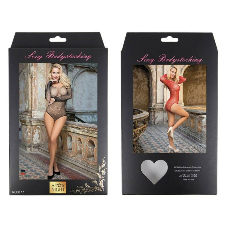 Боді сіточка зі стразами Star Night з рукавами, червоне, One Size (XS-M)