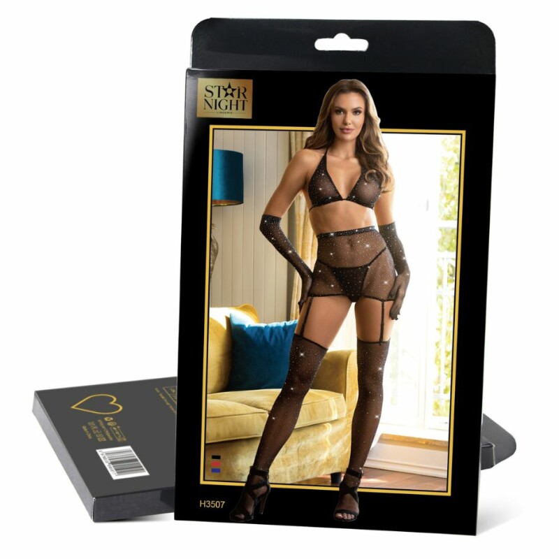 Комплект білизни зі стразами Sensational Star Night XS-M, в сіточку, чорний - Зображення 5