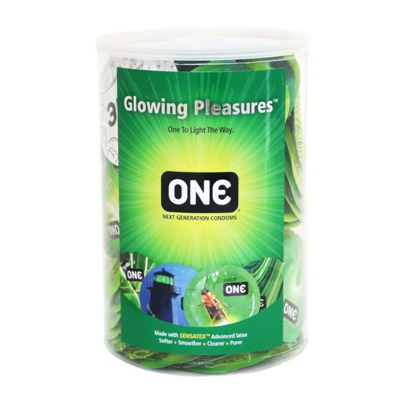 Презервативи в банці One Glowing Pleasures світяться в темряві, 100 шт