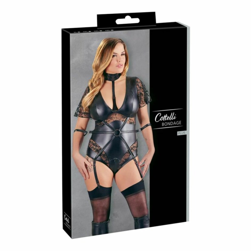 Боді в стилі БДСМ Cottelli Body Bondage з блискавкою на промежині та грудях, чорне, 2XL