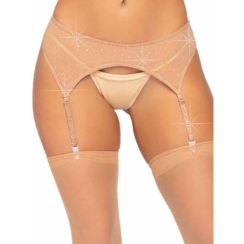 Пояс для панчіх Leg Avenue Roxy зі стразами, бежевий, One Size