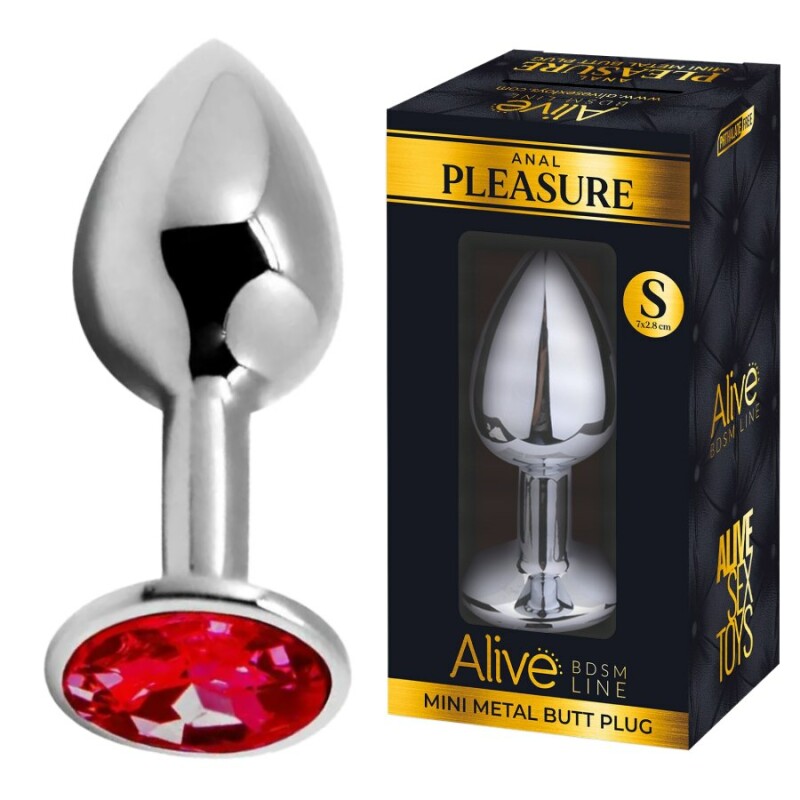 Анальна пробка Alive Anal Pleasure S, з червоним каменем, срібляста, 7 х 2.8 см