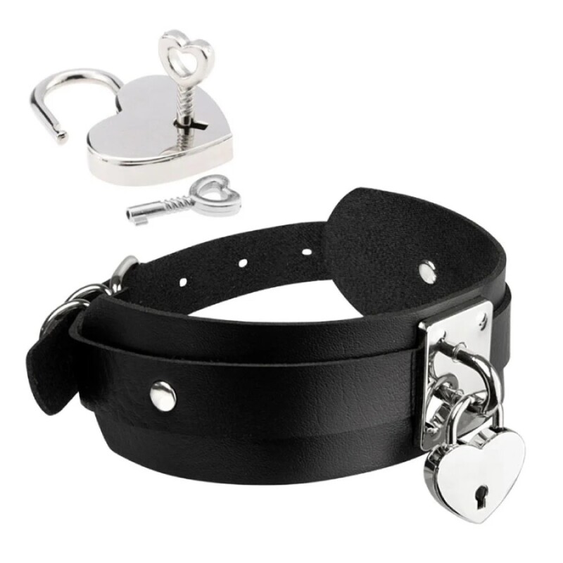 Нашийник Kinky Diva Heart Lock &amp; Key із замочком і ключиком, чорний зі срібною фурнітурою
