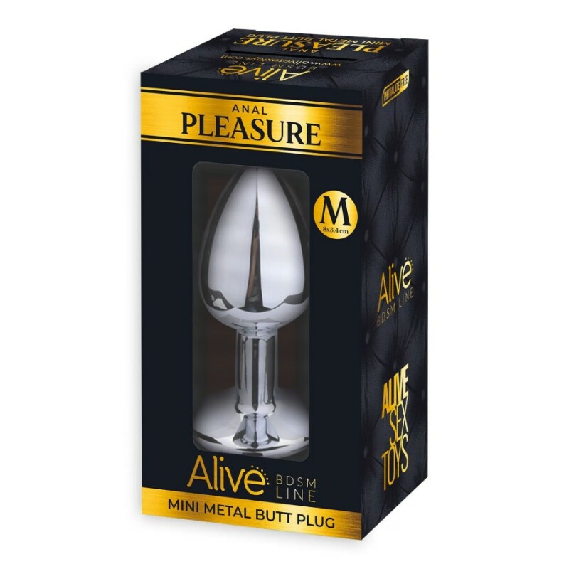 Анальна пробка Alive Anal Pleasure M, з чорним каменем, срібляста, 8 х 3.4 см - Изображение 2