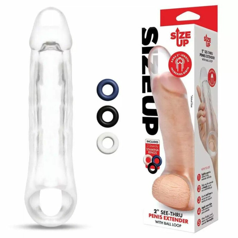 Насадка-подовжувач пеніса +5 см, Size Up 2 See-Thru з петлею для мошонки, прозора, 20.3 х 4.8 см