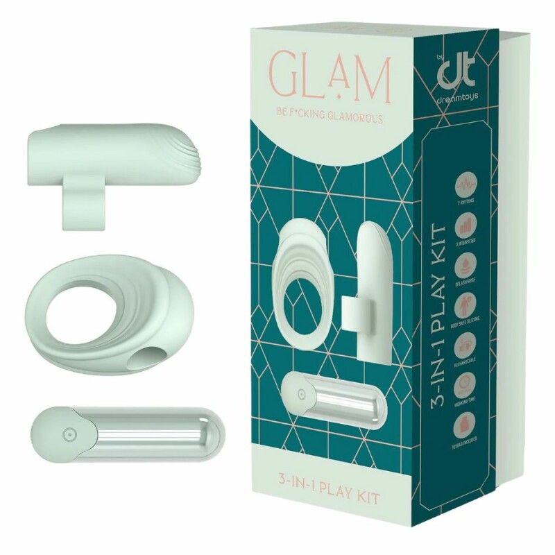 Набір Dreamtoys Glam 3-in-1 Play Kit віброкуля, ерекційне кільце та насадка на палець, м'ятний