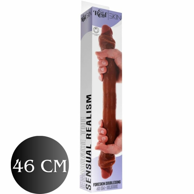 Фалоімітатор подвійний (двосторонній) ToyJoy Get Real Silicone Foreskin D-Dong  з рідкого силікону, коричневий, 46 см х 4.5 см