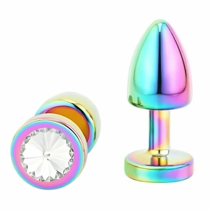 Анальна пробка NO TABOO MINI Rainbow, 37 г, металева різнокольорова з прозорим каменем, 6 х 2.5 см