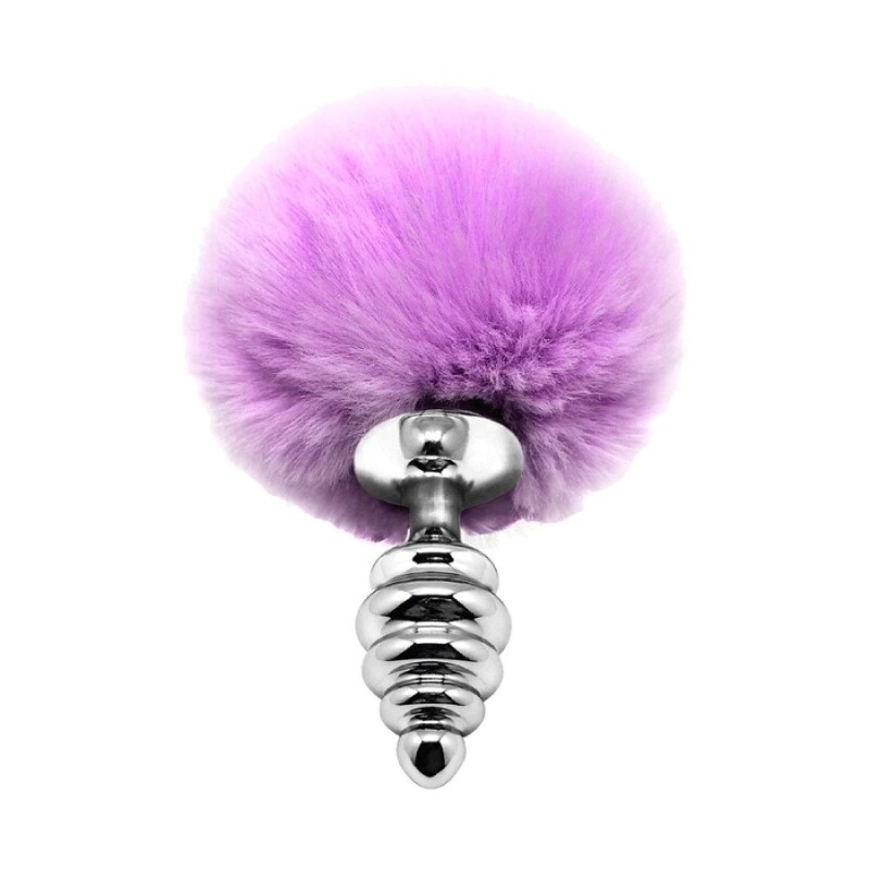 Анальна пробка Alive S з фіолетовим хвостиком, срібляста, 7 х 2.8 см