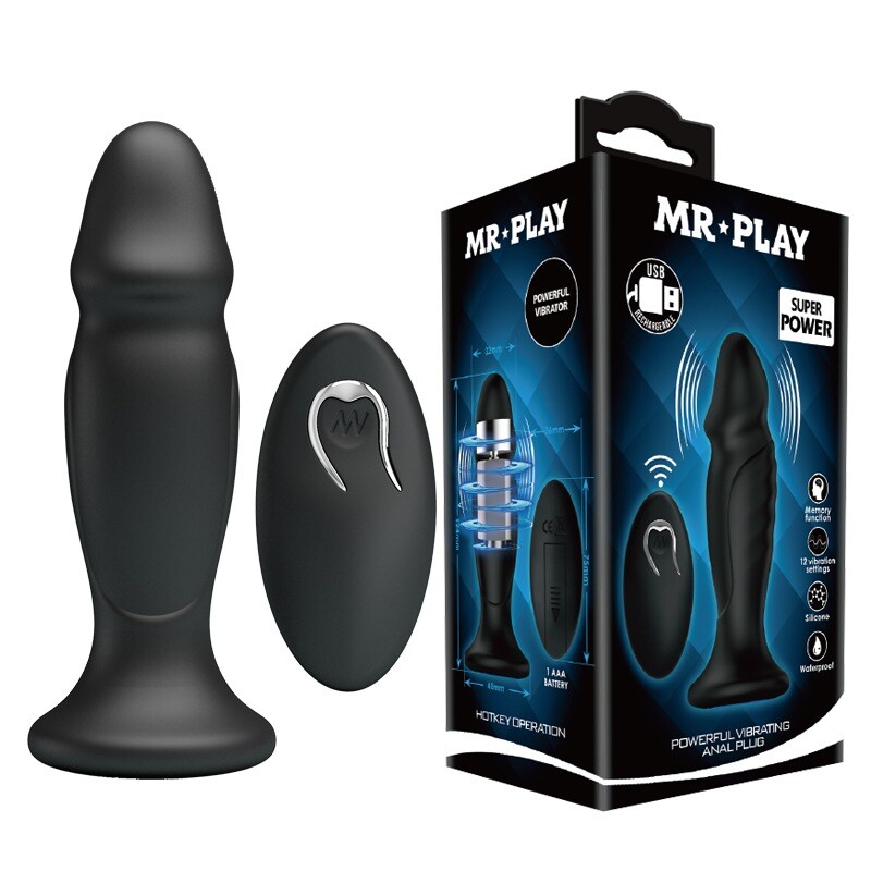 Анальний вібратор Mr Play з пультом, на присосці, чорний, 12.4 х 3.2 см