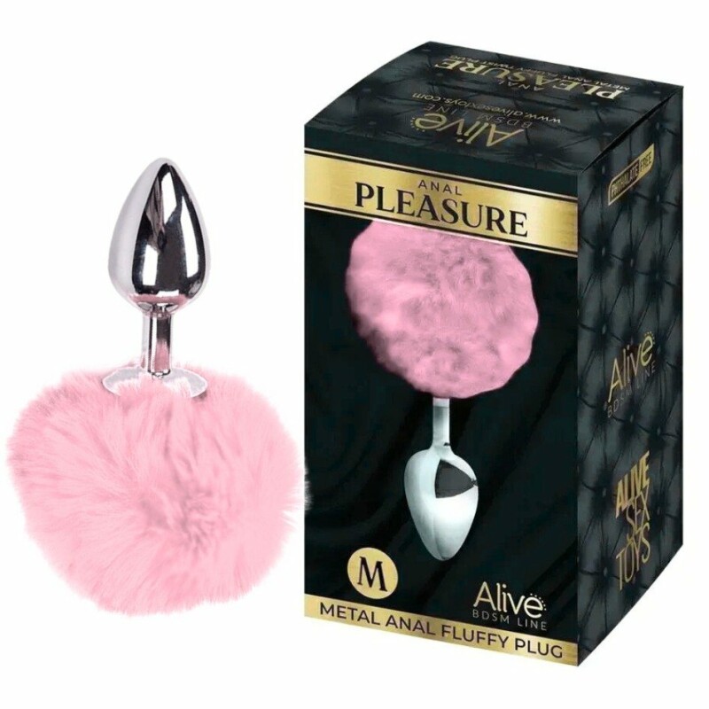Анальна пробка Alive Anal Pleasure M з рожевим хутром, срібляста, 8 х 3.5 см