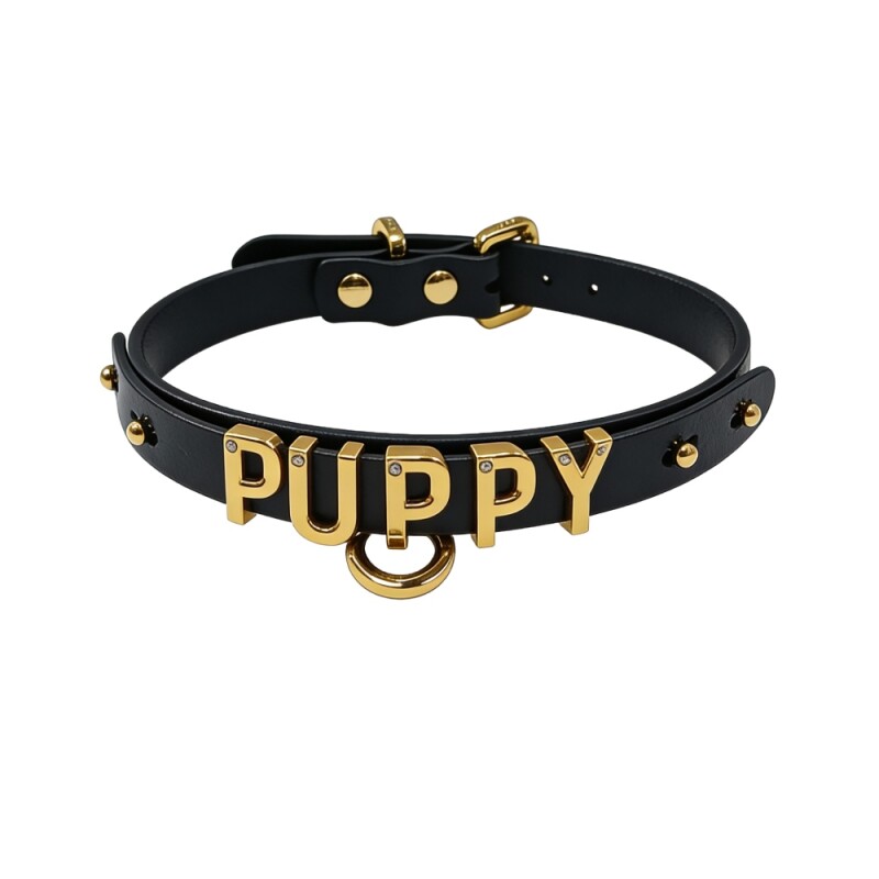 Чокер з написом PUPPY від UPKO з італійської шкіри, чорний з золотою фурнітурою - Изображение 1