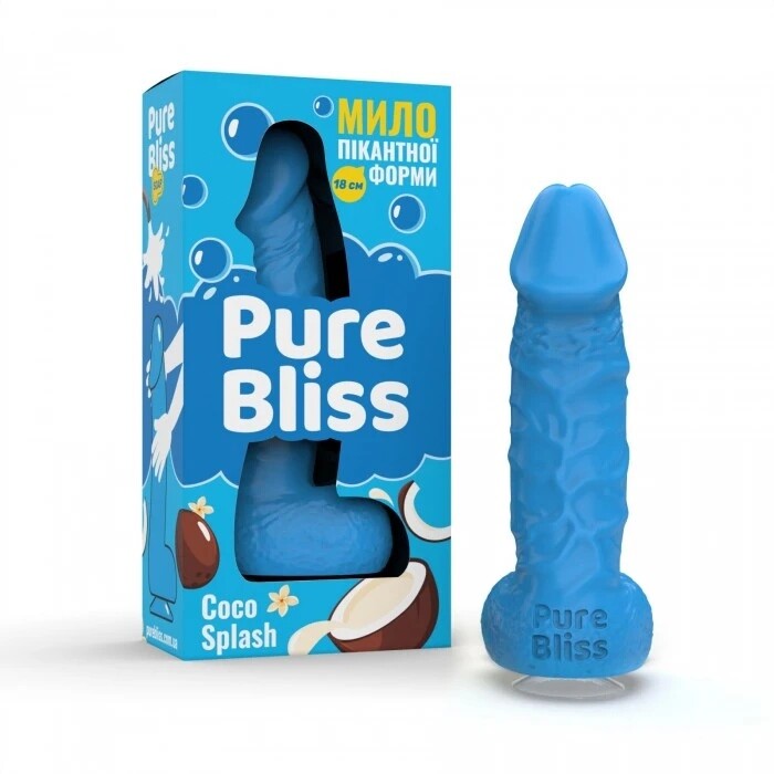 Мило у формі пеніса Pure Bliss Coco Splash з ароматом кокоса, блакитне, 18 × 4.2 см