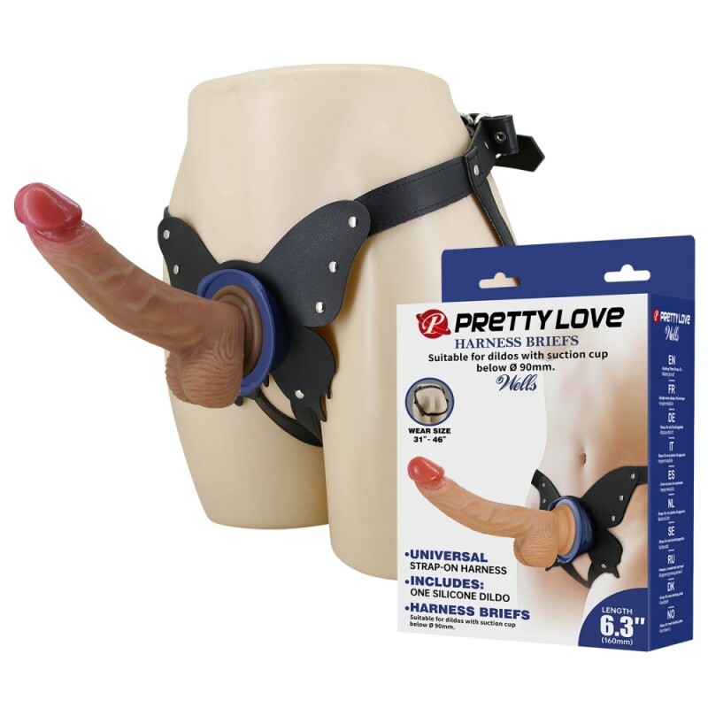 Страпон реалістичний Pretty Love Wells на чорних ременях, бежевий, 20.6 х 4.2 см