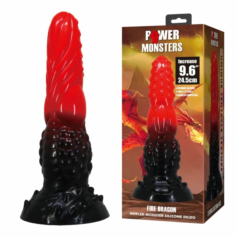 Фалоімітатор-гігант фантастичний Power Monsters Fire Dragon на присосці, градієнт чорно-червоний, 24.5 х 5.5 см