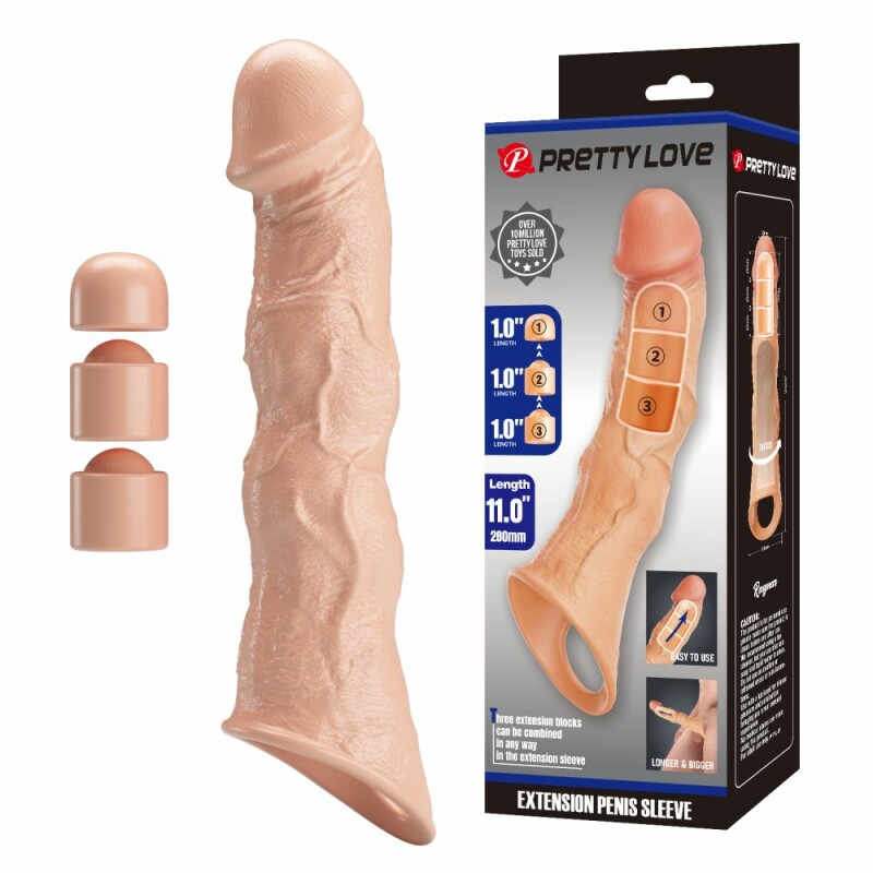 Насадка на пеніс Pretty Love Extension з трьома подовжувачами, бежева, 28 х 5.2 см