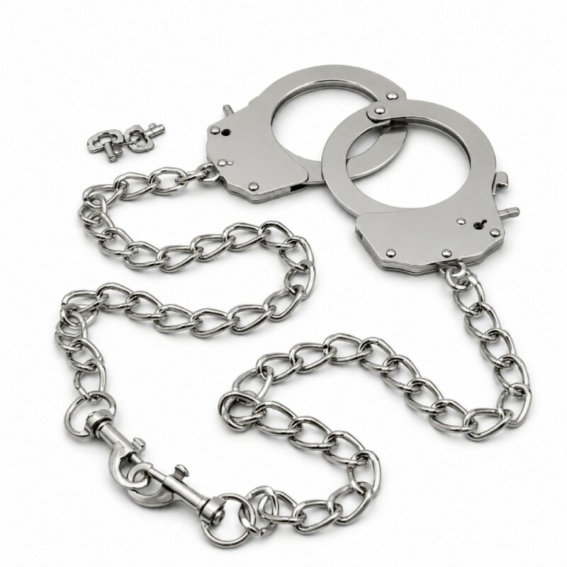 Наручники металеві DS Fetish з подовженим ланцюгом на карабінах, срібні - Зображення 1